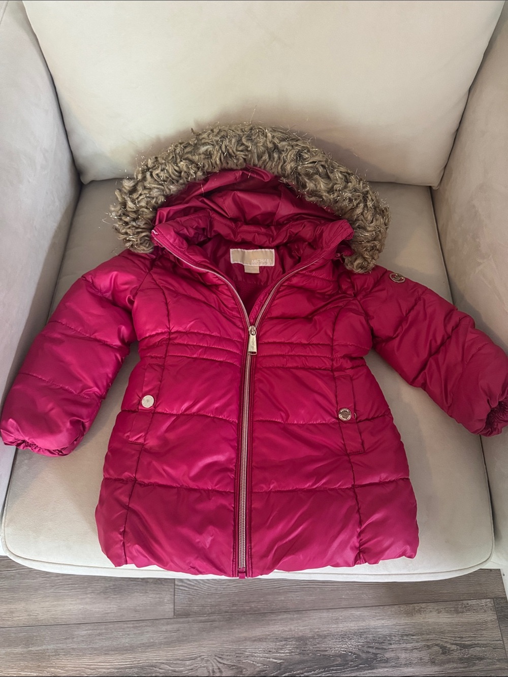 Michael Kors Girls Pink Puffer Coat with Faux Fur Hood